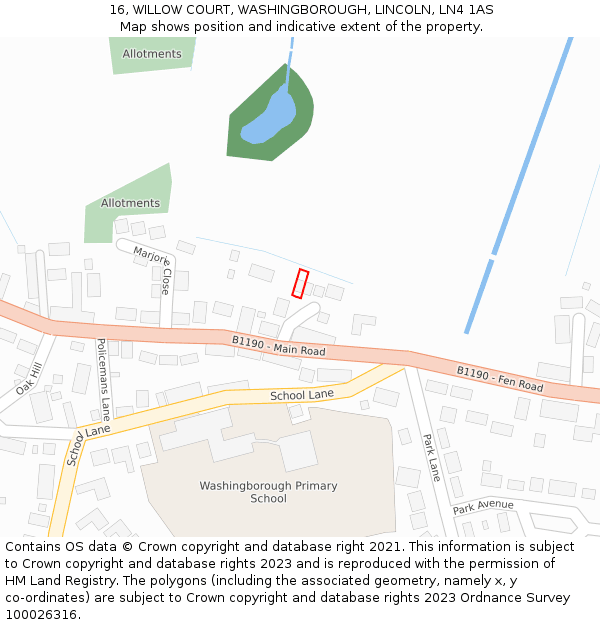 16, WILLOW COURT, WASHINGBOROUGH, LINCOLN, LN4 1AS: Location map and indicative extent of plot