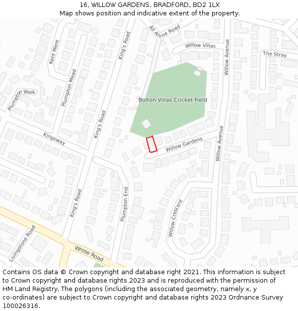 16, WILLOW GARDENS, BRADFORD, BD2 1LX: Location map and indicative extent of plot