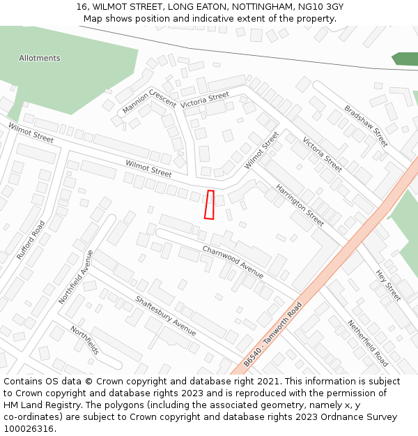 16, WILMOT STREET, LONG EATON, NOTTINGHAM, NG10 3GY: Location map and indicative extent of plot