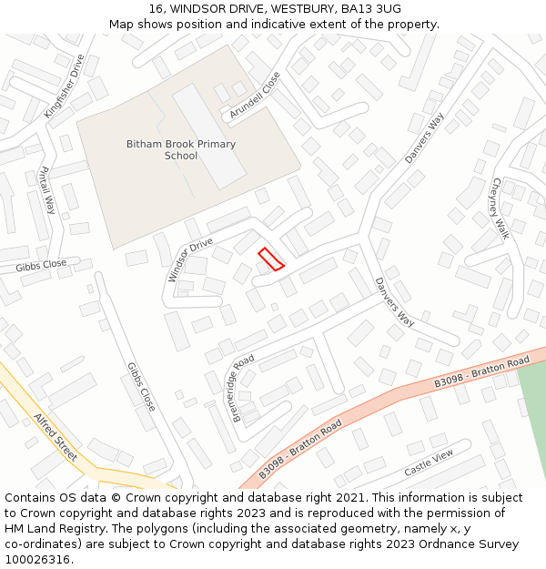 16, WINDSOR DRIVE, WESTBURY, BA13 3UG: Location map and indicative extent of plot