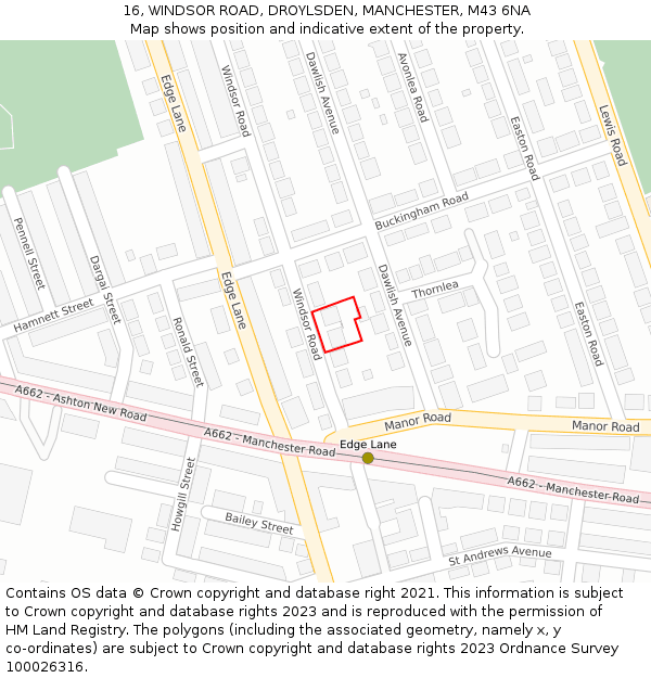 16, WINDSOR ROAD, DROYLSDEN, MANCHESTER, M43 6NA: Location map and indicative extent of plot