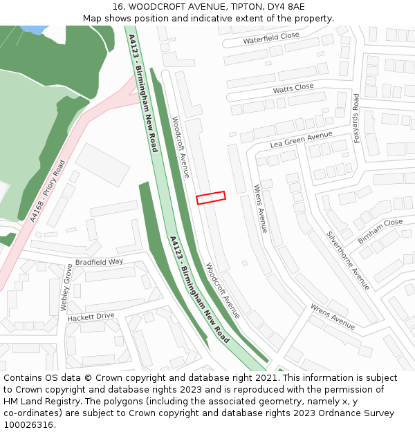 16, WOODCROFT AVENUE, TIPTON, DY4 8AE: Location map and indicative extent of plot