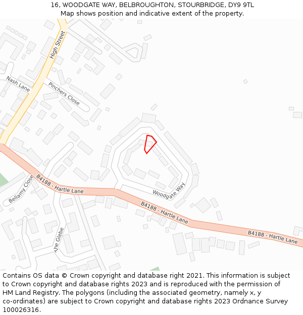 16, WOODGATE WAY, BELBROUGHTON, STOURBRIDGE, DY9 9TL: Location map and indicative extent of plot