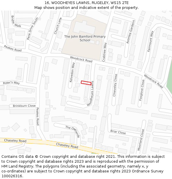 16, WOODHEYES LAWNS, RUGELEY, WS15 2TE: Location map and indicative extent of plot
