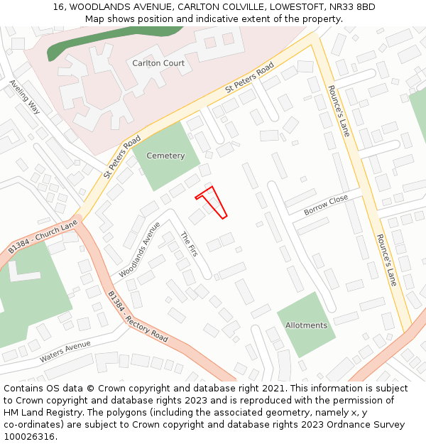 16, WOODLANDS AVENUE, CARLTON COLVILLE, LOWESTOFT, NR33 8BD: Location map and indicative extent of plot