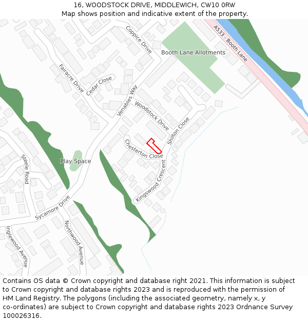 16, WOODSTOCK DRIVE, MIDDLEWICH, CW10 0RW: Location map and indicative extent of plot