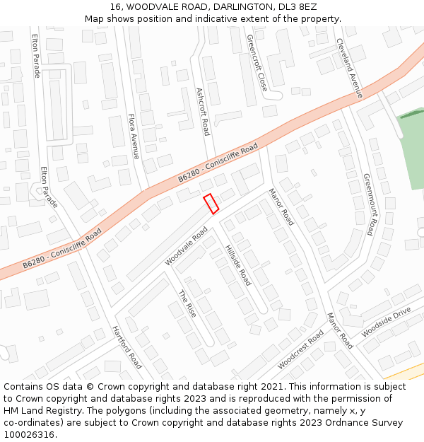 16, WOODVALE ROAD, DARLINGTON, DL3 8EZ: Location map and indicative extent of plot