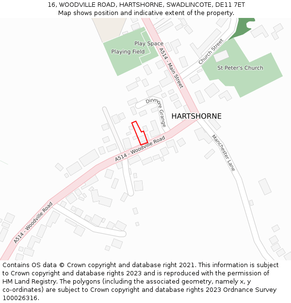 16, WOODVILLE ROAD, HARTSHORNE, SWADLINCOTE, DE11 7ET: Location map and indicative extent of plot