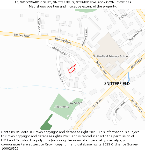 16, WOODWARD COURT, SNITTERFIELD, STRATFORD-UPON-AVON, CV37 0RP: Location map and indicative extent of plot