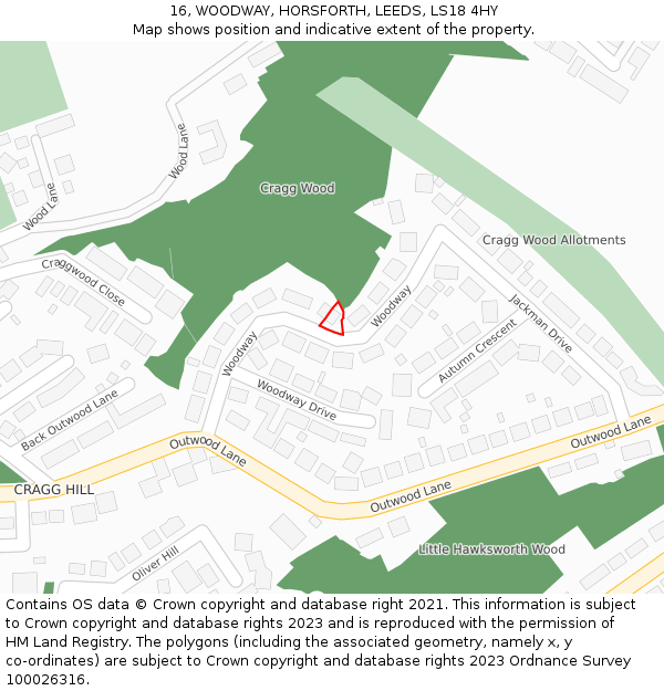 16, WOODWAY, HORSFORTH, LEEDS, LS18 4HY: Location map and indicative extent of plot