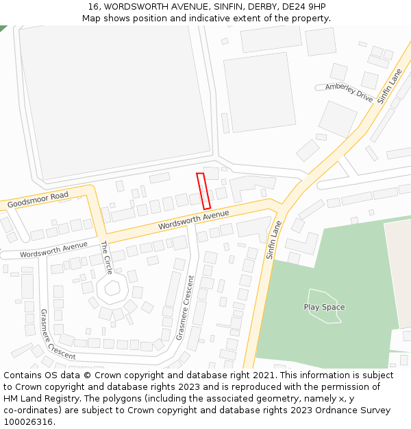 16, WORDSWORTH AVENUE, SINFIN, DERBY, DE24 9HP: Location map and indicative extent of plot