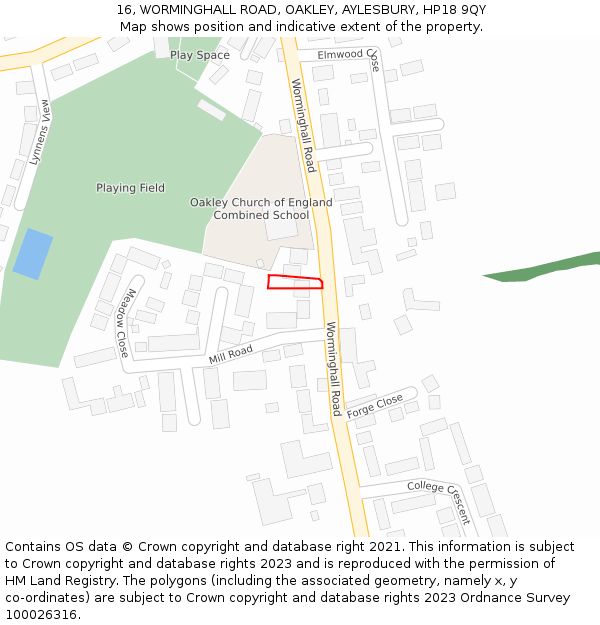 16, WORMINGHALL ROAD, OAKLEY, AYLESBURY, HP18 9QY: Location map and indicative extent of plot