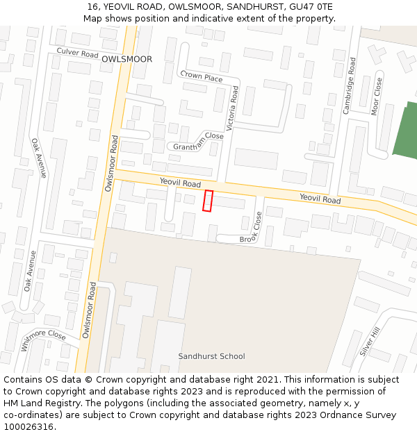 16, YEOVIL ROAD, OWLSMOOR, SANDHURST, GU47 0TE: Location map and indicative extent of plot