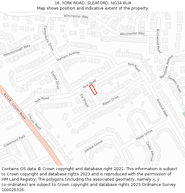 16, YORK ROAD, SLEAFORD, NG34 8UA: Location map and indicative extent of plot