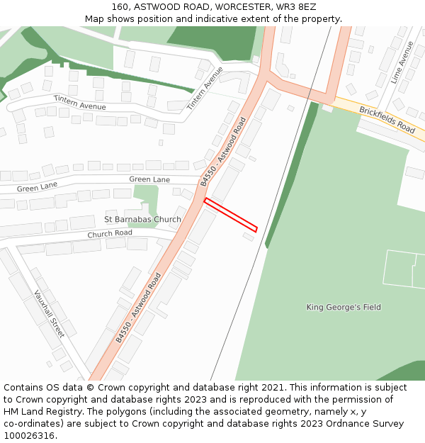 160, ASTWOOD ROAD, WORCESTER, WR3 8EZ: Location map and indicative extent of plot