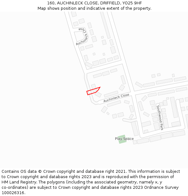 160, AUCHINLECK CLOSE, DRIFFIELD, YO25 9HF: Location map and indicative extent of plot