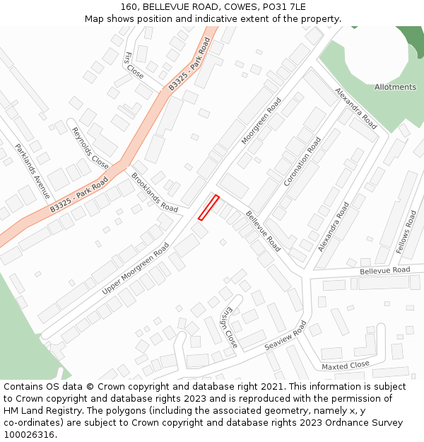 160, BELLEVUE ROAD, COWES, PO31 7LE: Location map and indicative extent of plot