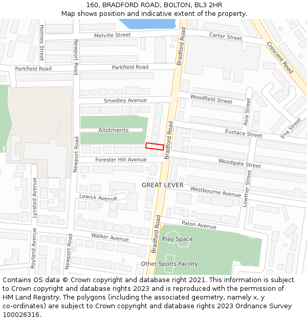 160, BRADFORD ROAD, BOLTON, BL3 2HR: Location map and indicative extent of plot