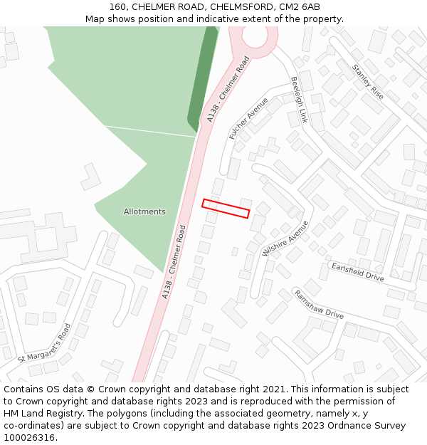 160, CHELMER ROAD, CHELMSFORD, CM2 6AB: Location map and indicative extent of plot