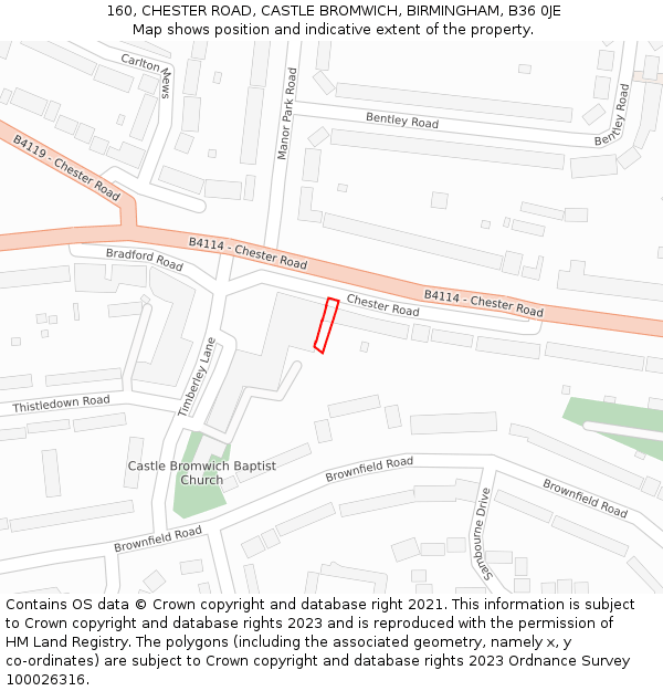 160, CHESTER ROAD, CASTLE BROMWICH, BIRMINGHAM, B36 0JE: Location map and indicative extent of plot