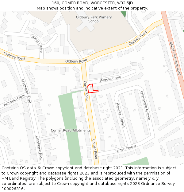 160, COMER ROAD, WORCESTER, WR2 5JD: Location map and indicative extent of plot