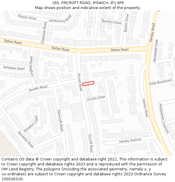 160, FIRCROFT ROAD, IPSWICH, IP1 6PP: Location map and indicative extent of plot