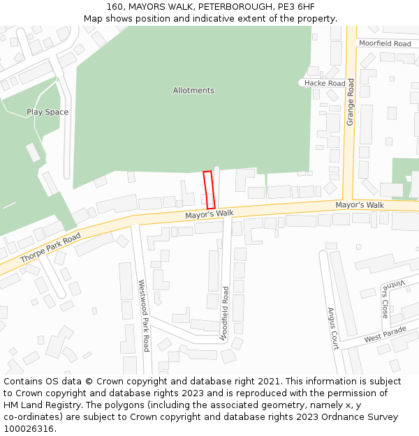 160, MAYORS WALK, PETERBOROUGH, PE3 6HF: Location map and indicative extent of plot
