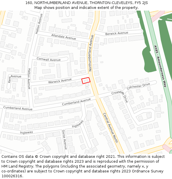 160, NORTHUMBERLAND AVENUE, THORNTON-CLEVELEYS, FY5 2JS: Location map and indicative extent of plot