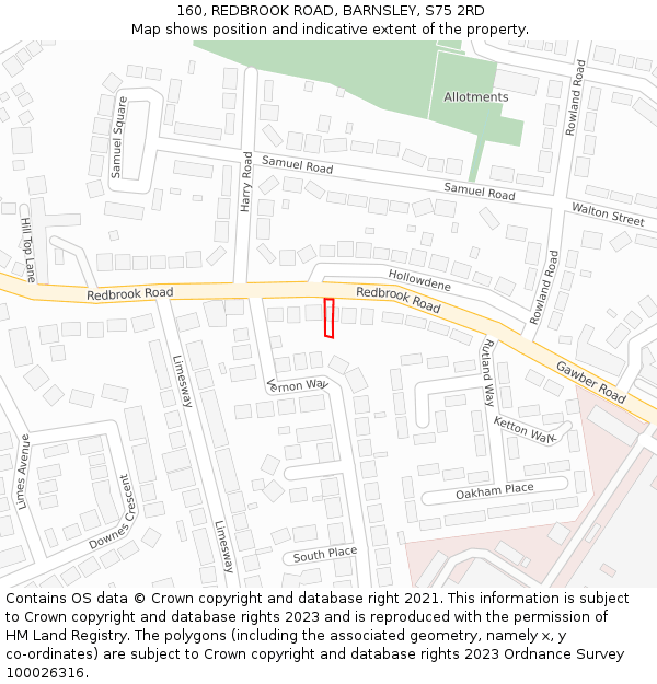 160, REDBROOK ROAD, BARNSLEY, S75 2RD: Location map and indicative extent of plot
