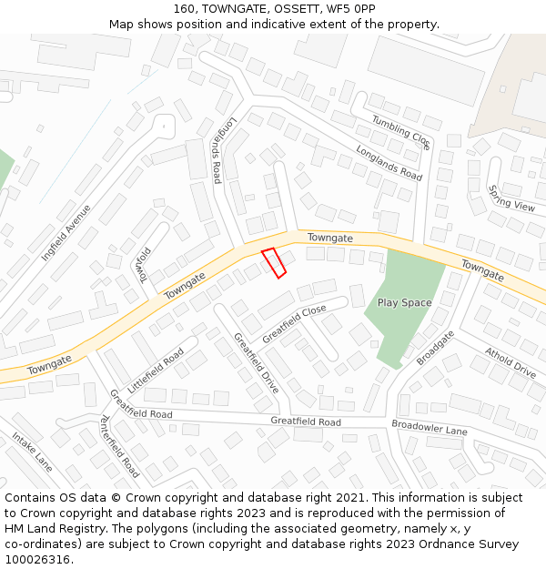 160, TOWNGATE, OSSETT, WF5 0PP: Location map and indicative extent of plot