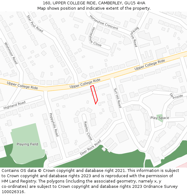 160, UPPER COLLEGE RIDE, CAMBERLEY, GU15 4HA: Location map and indicative extent of plot
