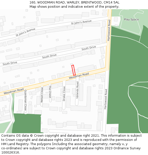 160, WOODMAN ROAD, WARLEY, BRENTWOOD, CM14 5AL: Location map and indicative extent of plot