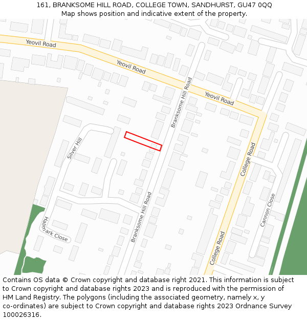 161, BRANKSOME HILL ROAD, COLLEGE TOWN, SANDHURST, GU47 0QQ: Location map and indicative extent of plot