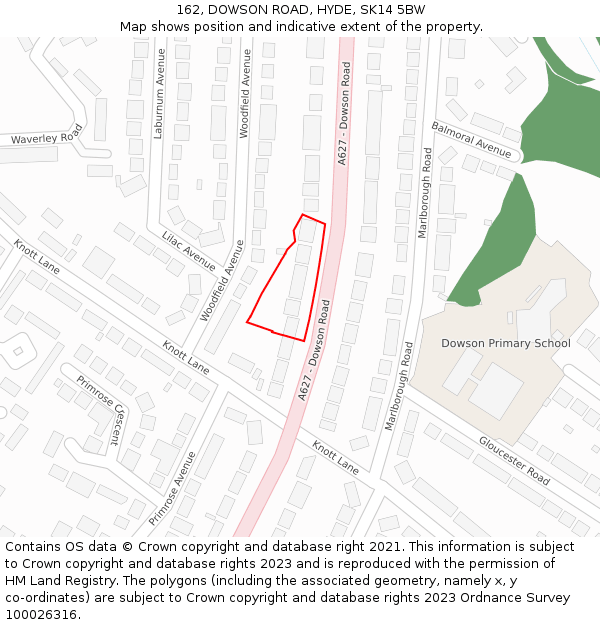 162, DOWSON ROAD, HYDE, SK14 5BW: Location map and indicative extent of plot
