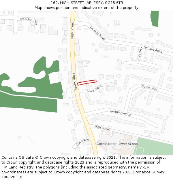 162, HIGH STREET, ARLESEY, SG15 6TB: Location map and indicative extent of plot