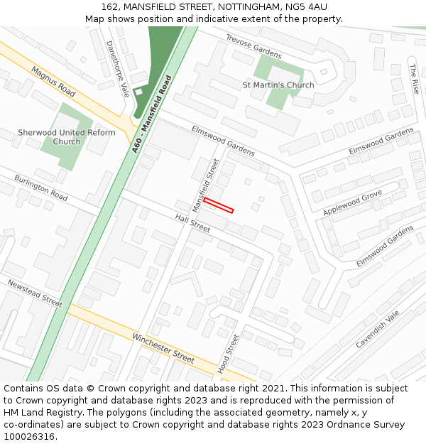162, MANSFIELD STREET, NOTTINGHAM, NG5 4AU: Location map and indicative extent of plot