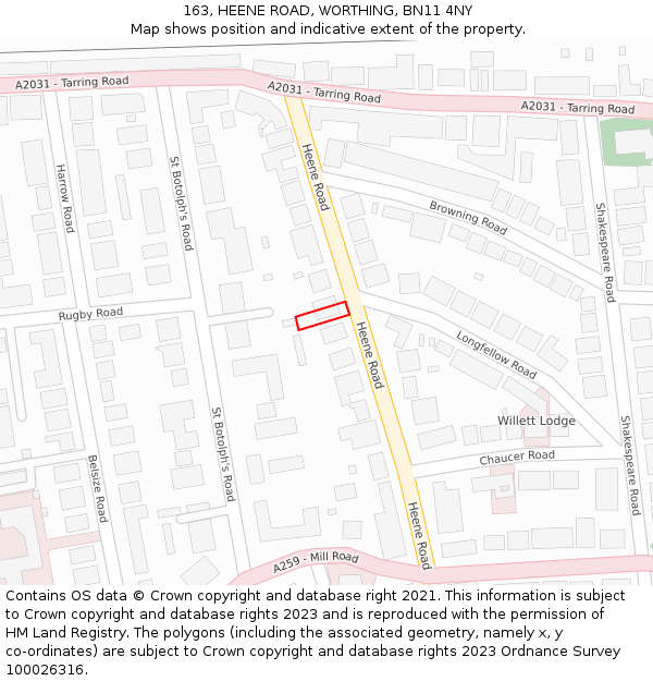 163, HEENE ROAD, WORTHING, BN11 4NY: Location map and indicative extent of plot