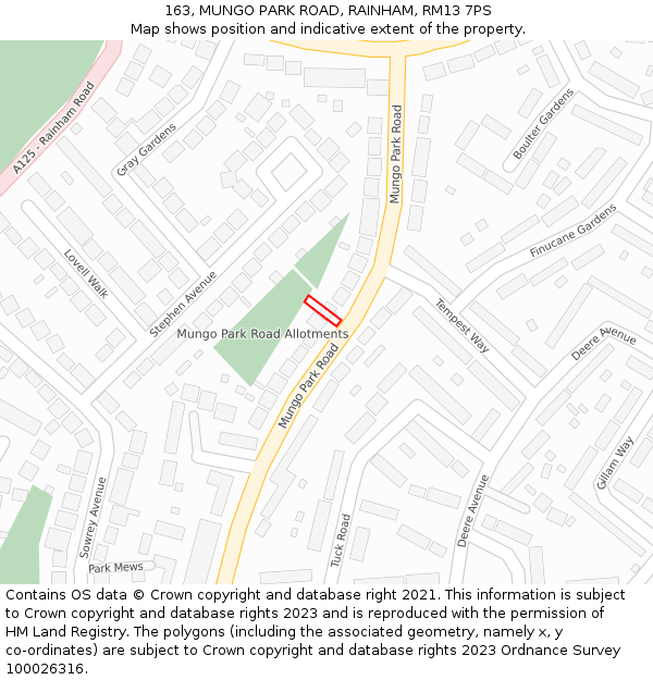 163, MUNGO PARK ROAD, RAINHAM, RM13 7PS: Location map and indicative extent of plot