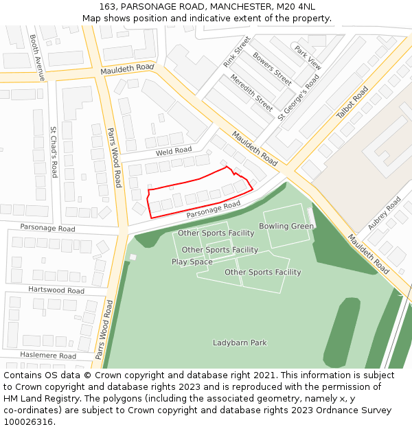 163, PARSONAGE ROAD, MANCHESTER, M20 4NL: Location map and indicative extent of plot
