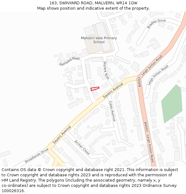 163, SWINYARD ROAD, MALVERN, WR14 1GW: Location map and indicative extent of plot