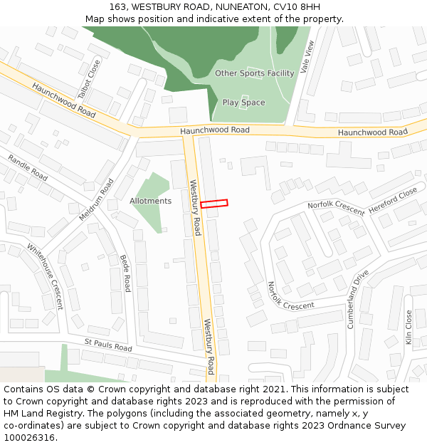 163, WESTBURY ROAD, NUNEATON, CV10 8HH: Location map and indicative extent of plot
