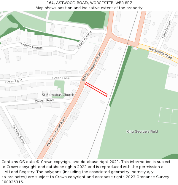 164, ASTWOOD ROAD, WORCESTER, WR3 8EZ: Location map and indicative extent of plot