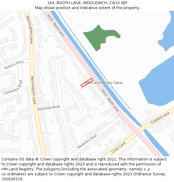 164, BOOTH LANE, MIDDLEWICH, CW10 0EF: Location map and indicative extent of plot