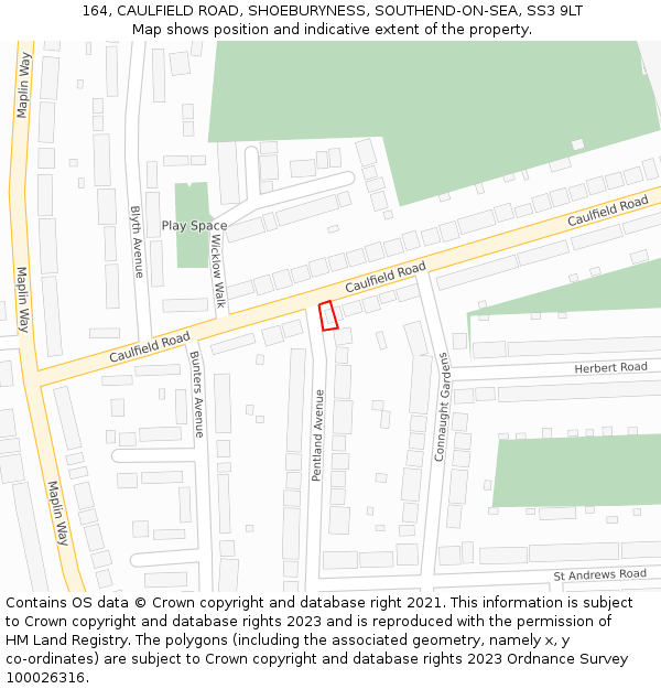 164, CAULFIELD ROAD, SHOEBURYNESS, SOUTHEND-ON-SEA, SS3 9LT: Location map and indicative extent of plot