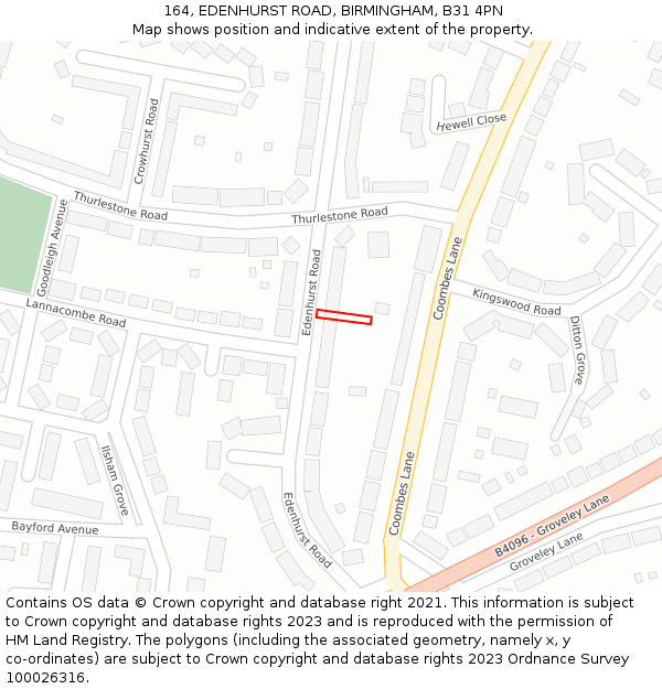 164, EDENHURST ROAD, BIRMINGHAM, B31 4PN: Location map and indicative extent of plot