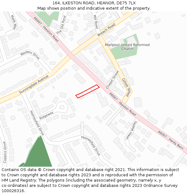 164, ILKESTON ROAD, HEANOR, DE75 7LX: Location map and indicative extent of plot