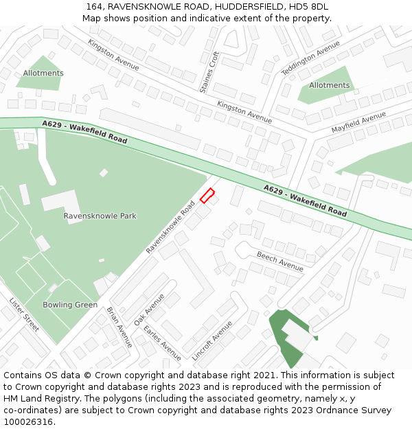 164, RAVENSKNOWLE ROAD, HUDDERSFIELD, HD5 8DL: Location map and indicative extent of plot