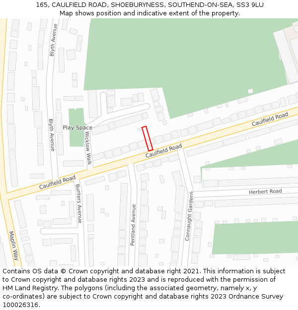 165, CAULFIELD ROAD, SHOEBURYNESS, SOUTHEND-ON-SEA, SS3 9LU: Location map and indicative extent of plot