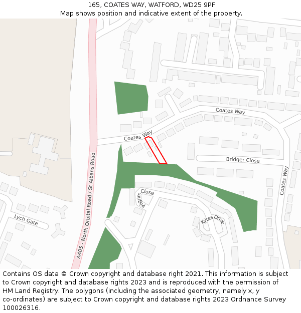 165, COATES WAY, WATFORD, WD25 9PF: Location map and indicative extent of plot