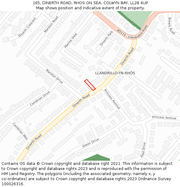 165, DINERTH ROAD, RHOS ON SEA, COLWYN BAY, LL28 4UP: Location map and indicative extent of plot